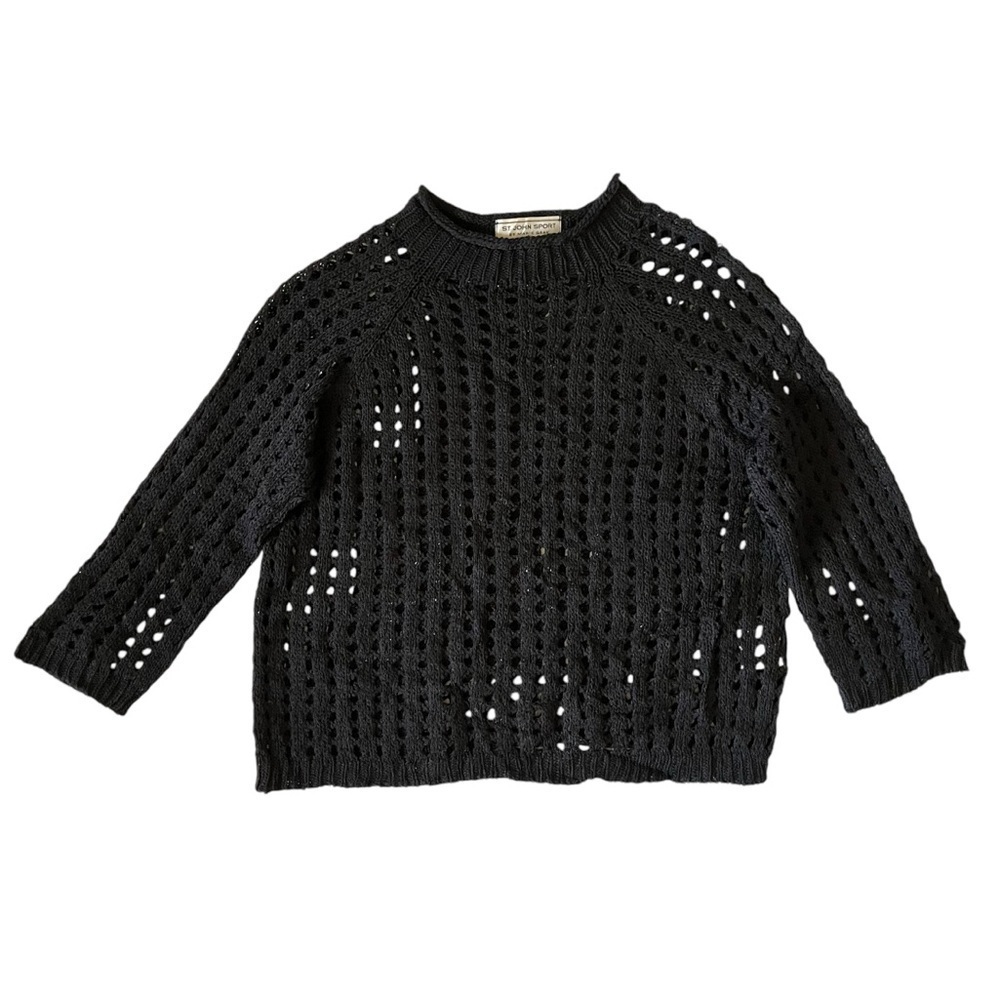 St. John Sport by Marie Gray black wool open-knit crochet cropped sweater top